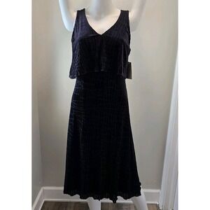 Halston Velvet Midi Dress Black  Texture Layered top V-Back Halloween NWT Size 4